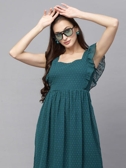 Jacquard Butti Square Neck Knee Length Western Dresses for Women