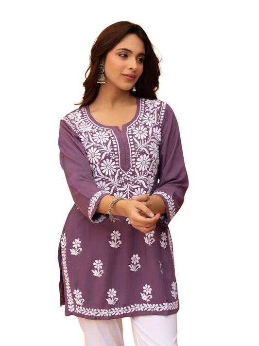 Purple Chikankari Embroidered Cotton Kurti