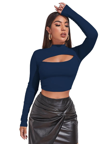 Sugathari Women's & Girl's Solid Knitted Full Sleeve High Neck Ruched Bust Crop Tee Tops (Top 109)
