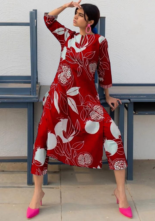Women's Cotton Blend Straight Printed Kurta with Pant