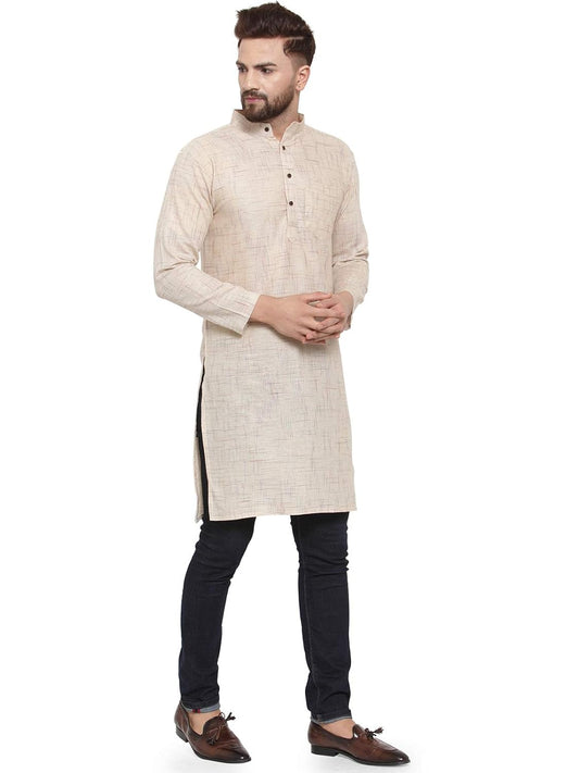 Aarsha Beige Solid Men's Cotton Long Kurta (XS to 7XL)