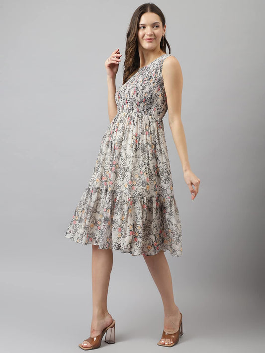 Women's Off White Georgette Floral Printed Tiered Western Dress