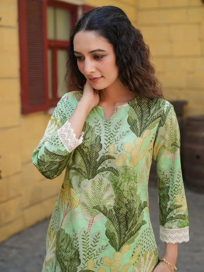 NAINVISH Women's Cotton Blend Green Printed V-Neck