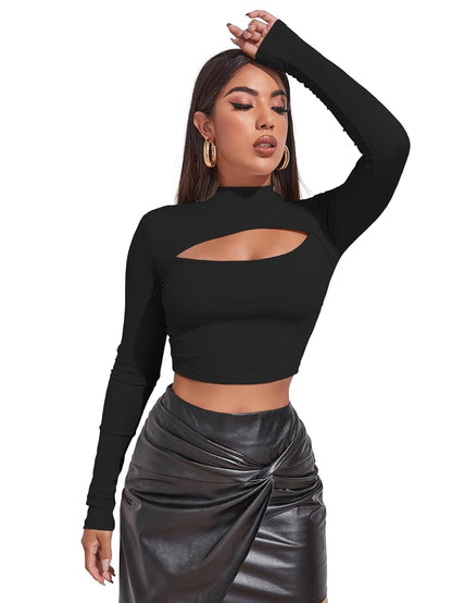 Sugathari Women's & Girl's Solid Knitted Full Sleeve High Neck Ruched Bust Crop Tee Tops (Top 109)