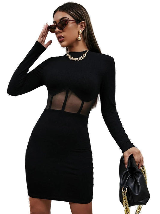 SYYNCRO Women's Long Sleeve Black Bodycon Dress with Sheer Waist Detail | Knee-Length Mini Dress | Midi Western Dress for Women | Short Dress