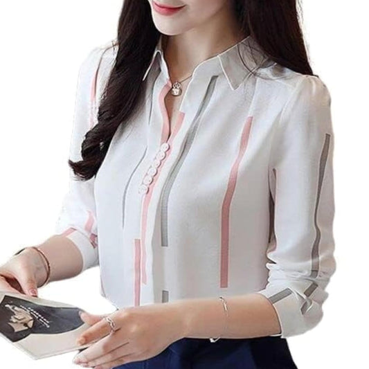 ROYALICA Trendy Regular Fit Striped White Colour Cotton Blend Collared Shirt for Womens