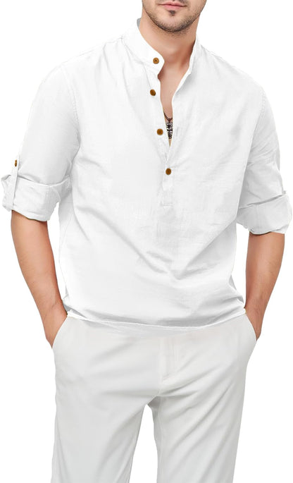 Zombom Men's Cotton Blend Mandarin Collar Self