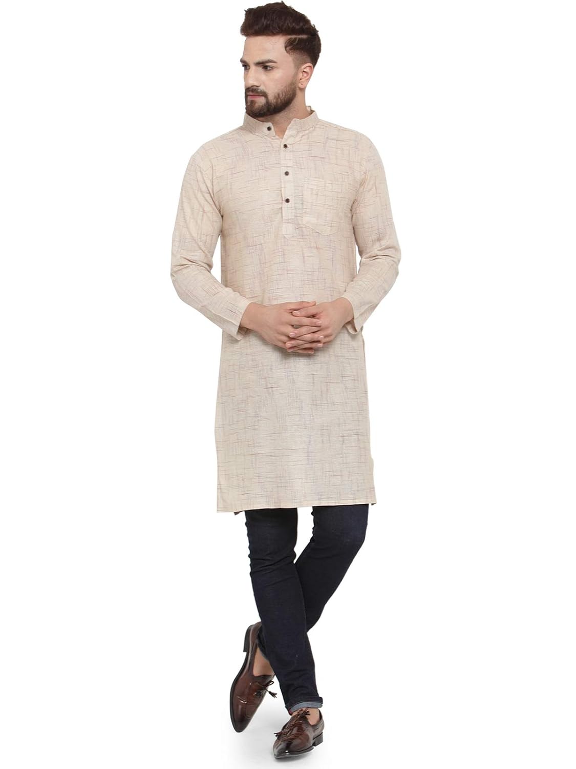 Aarsha Beige Solid Men's Cotton Long Kurta (XS to 7XL)