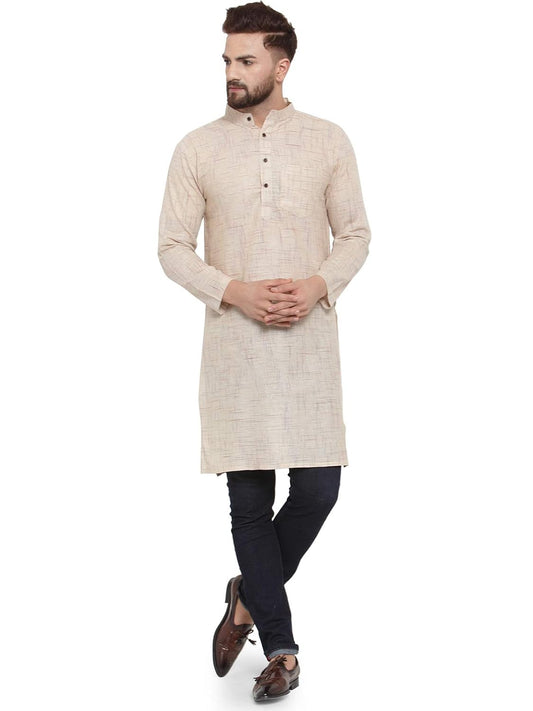 Aarsha Beige Solid Men's Cotton Long Kurta (XS to 7XL)