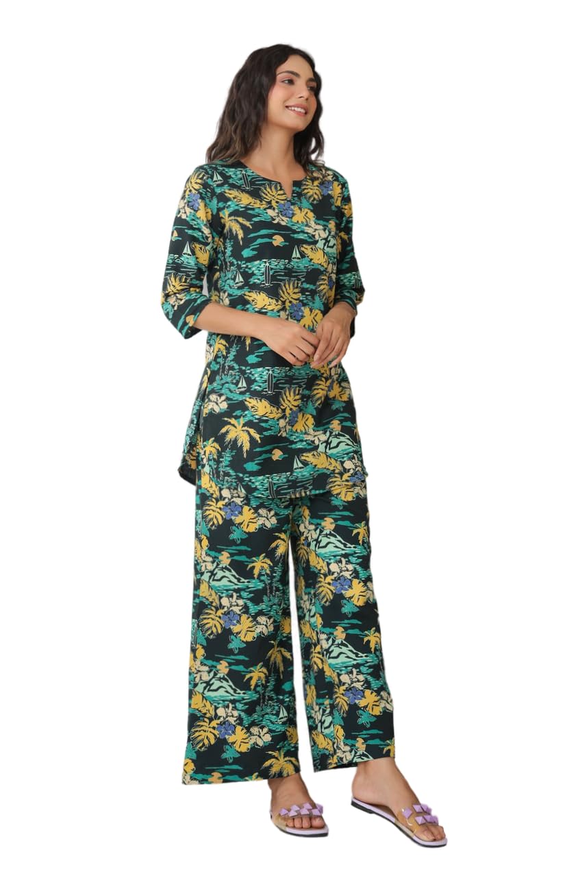 NAINVISH Women's Cotton Blend Green Printed V-Neck