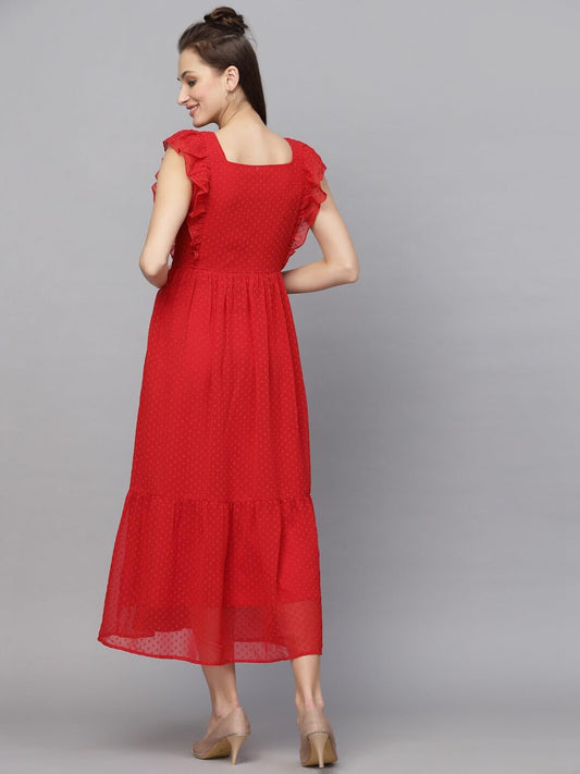 Jacquard Butti Square Neck Knee Length Western Dresses for Women