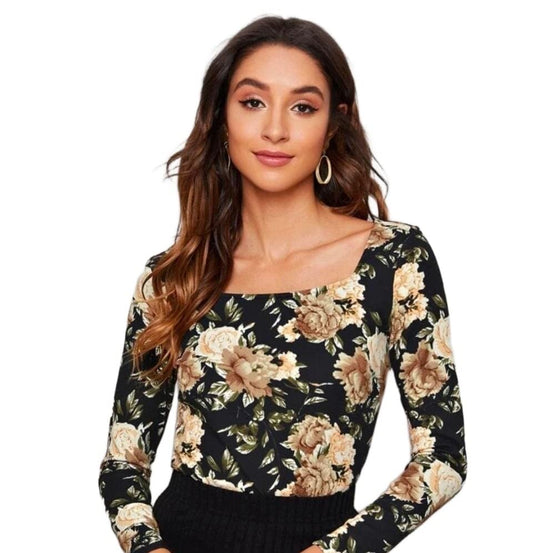 Dream Beauty Fashion Women's Full Sleeve Square Neck Printed Fitted Tee -23" Inches (Sania-Top)
