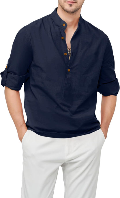 Zombom Men's Cotton Blend Mandarin Collar Self