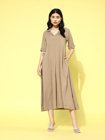 Varanga Women Beige Shirt Collar A-Line Dress