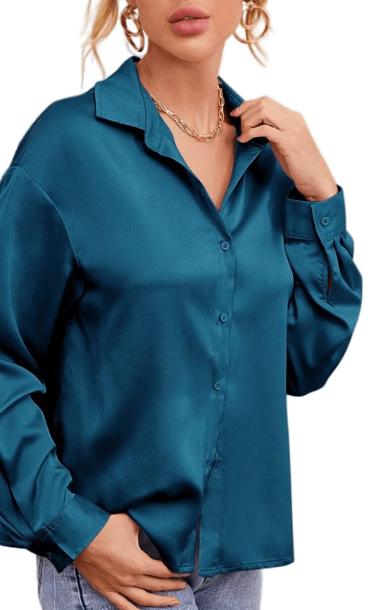 Bowrain Satin Silk Fabric Spread Collar Full Sleeve Top
