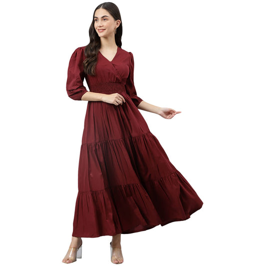 DEEBACO Women's Fit & Flare Maxi Dress|V-Neck|Full Length Long Dresses for Women|A-Line Dress|Stylish for Ladies|Beach Dress for Women