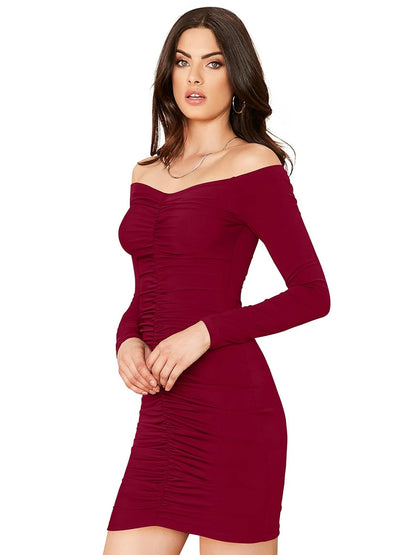Off-Shoulder Ruched Bodycon Dress, Long Sleeve, Wine Red