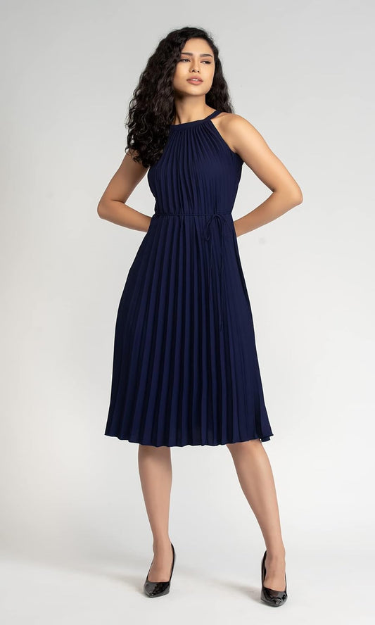 AASK Women's Elegant Belted Pleated Sleeveess Short Dress Color