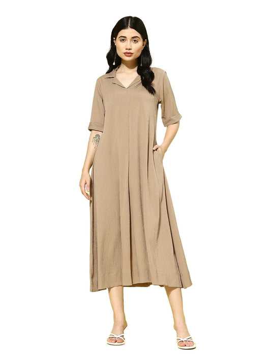 Varanga Women Beige Shirt Collar A-Line Dress