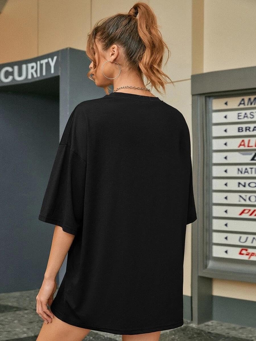 CHKOKKO Women's Polyester Oversized Fit Oversized Round Neck Drop Shoulder Printed T-Shirt