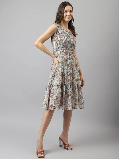 Women's Off White Georgette Floral Printed Tiered Western Dress