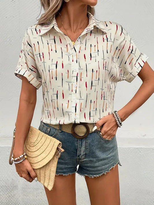 Gufrina Women’s Short Sleeve Button Down Shirt with Abstract Brushstroke Print in Beige and Multicolor - Lightweight Casual Summer Top for Relaxed Fit