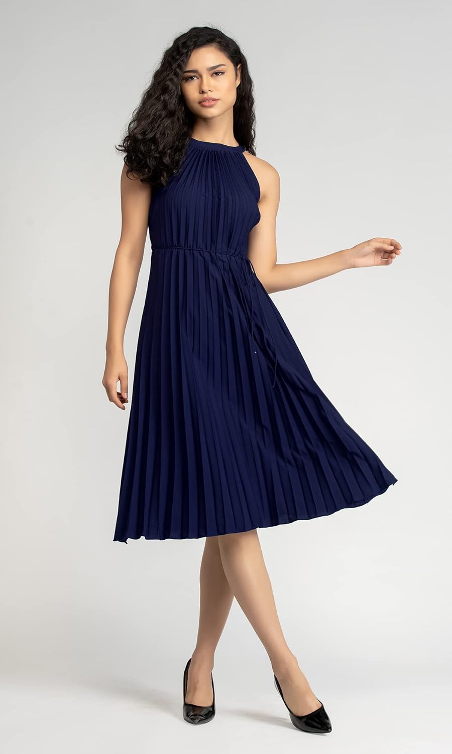 AASK Women's Elegant Belted Pleated Sleeveess Short Dress Color