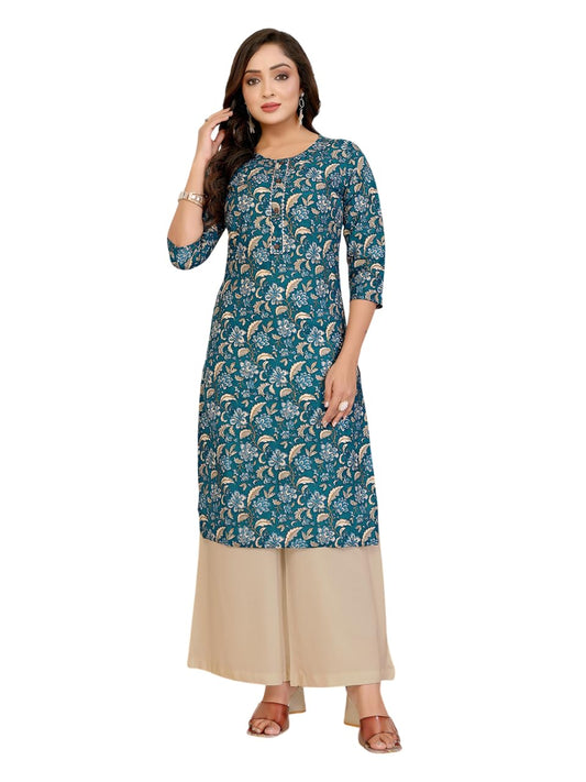 rangita Teal Cotton Straight Printed Knee Length Kurti