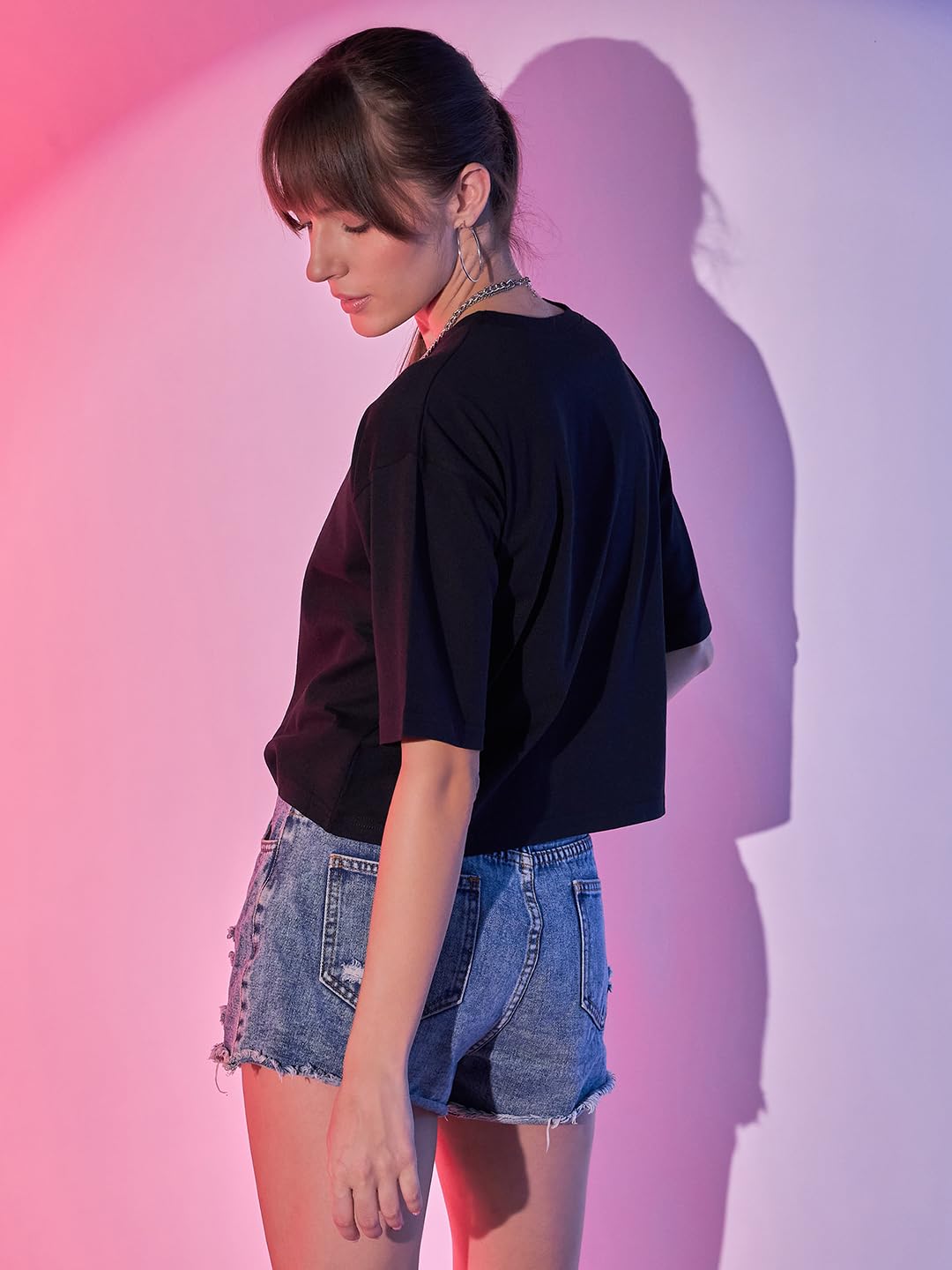 Boxy Fit Drop Shoulder Baggy Fit Cropped Tshirts Cotton Solid Loose Fit Round Neck Women Short T-Shirt