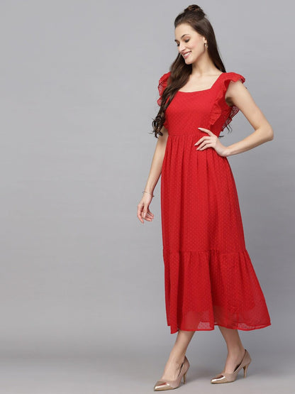 Jacquard Butti Square Neck Knee Length Western Dresses for Women