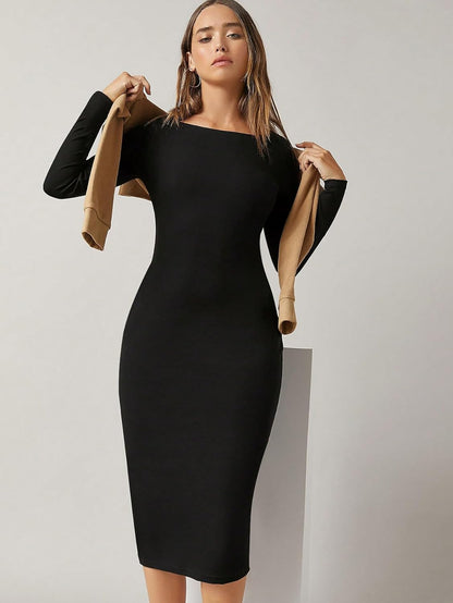 Aahwan Solid Round Neck Solid Bodycon Midi Dress for Women's & Girl's