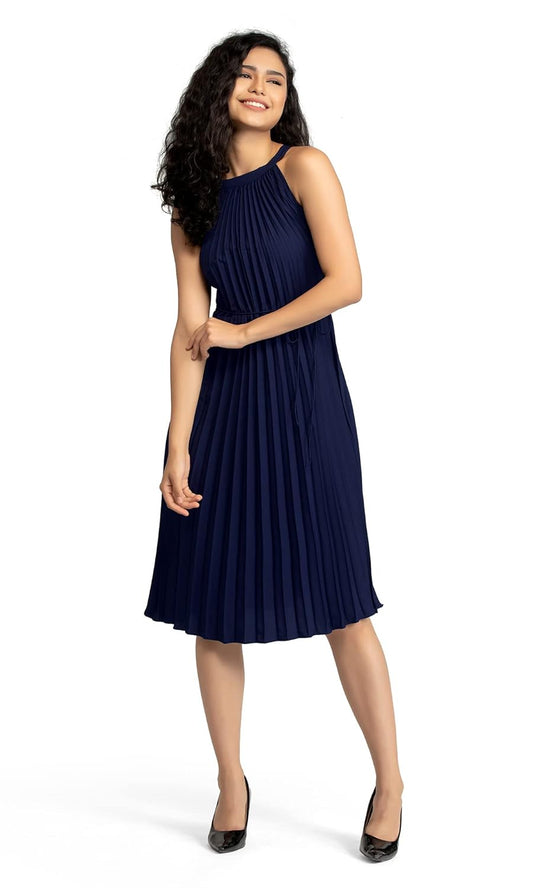 AASK Women's Elegant Belted Pleated Sleeveess Short Dress Color