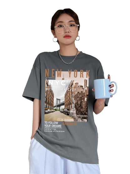 CHKOKKO Women's Polyester Oversized Fit Oversized Round Neck Drop Shoulder Printed T-Shirt