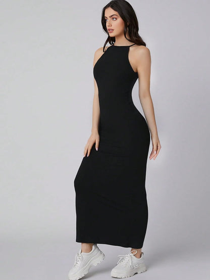 Aahwan Solid Halter Neck Solid Bodycon Midi Dress for Women's & Girl's