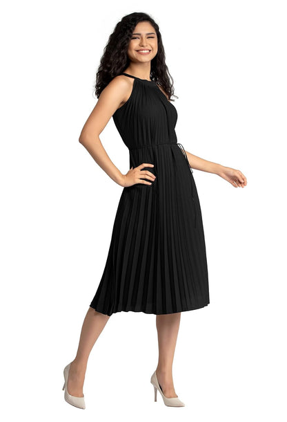 AASK Women's Elegant Belted Pleated Sleeveess Short Dress Color