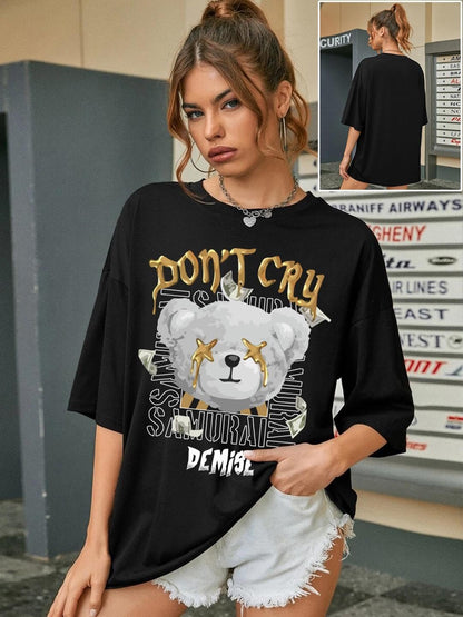 CHKOKKO Women's Polyester Oversized Fit Oversized Round Neck Drop Shoulder Printed T-Shirt