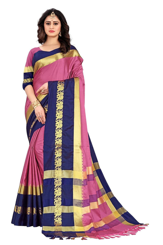 Women's Cotton Silk Plain Zari Work Designer Saree
