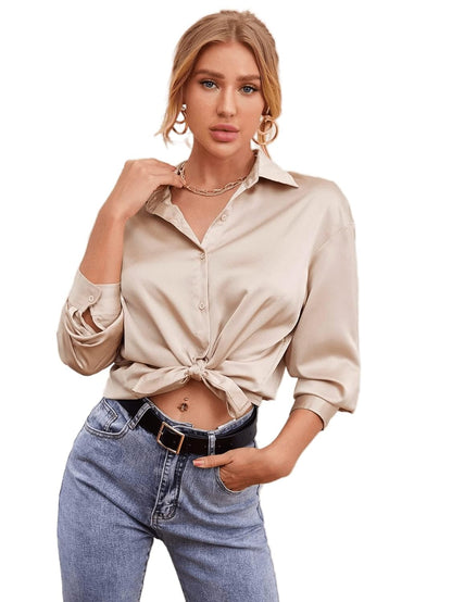 Bowrain Satin Silk Fabric Spread Collar Full Sleeve Top