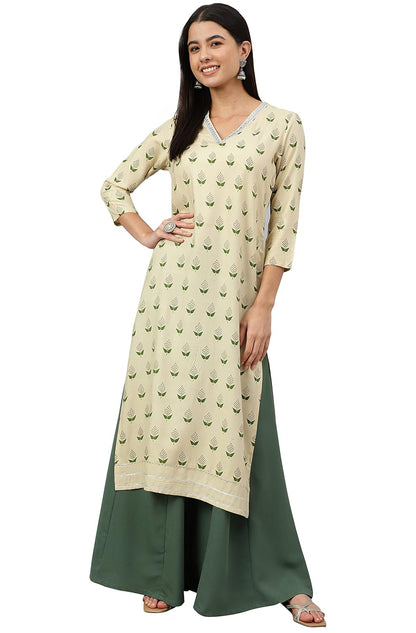 Women's Orange Rayon Gold Floral Print Straight Kurta