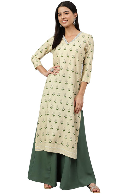 Women's Orange Rayon Gold Floral Print Straight Kurta