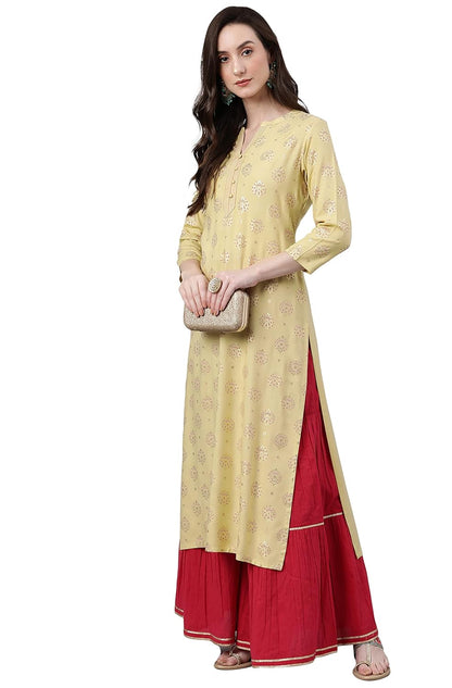 Women's Orange Rayon Gold Floral Print Straight Kurta