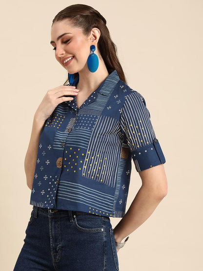TOPLOT Crop Shirt for Women with Collared V Neck