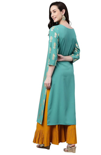 Women's Orange Rayon Gold Floral Print Straight Kurta