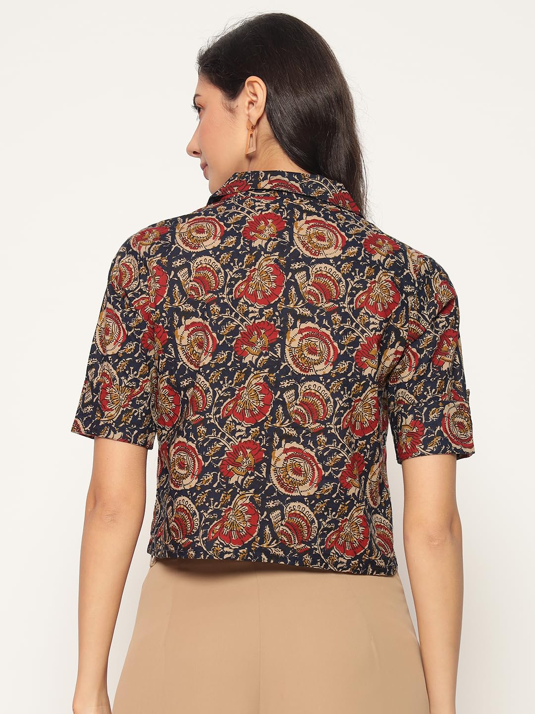 HION HILS Women's Kalamkari Printed Cuban Collar