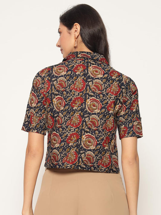 HION HILS Women's Kalamkari Printed Cuban Collar