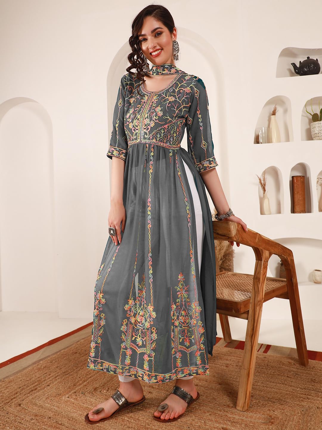 EthnicJunction Women's Georgette Embroidered