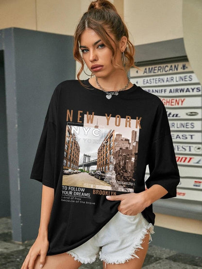 CHKOKKO Women's Polyester Oversized Fit Oversized Round Neck Drop Shoulder Printed T-Shirt