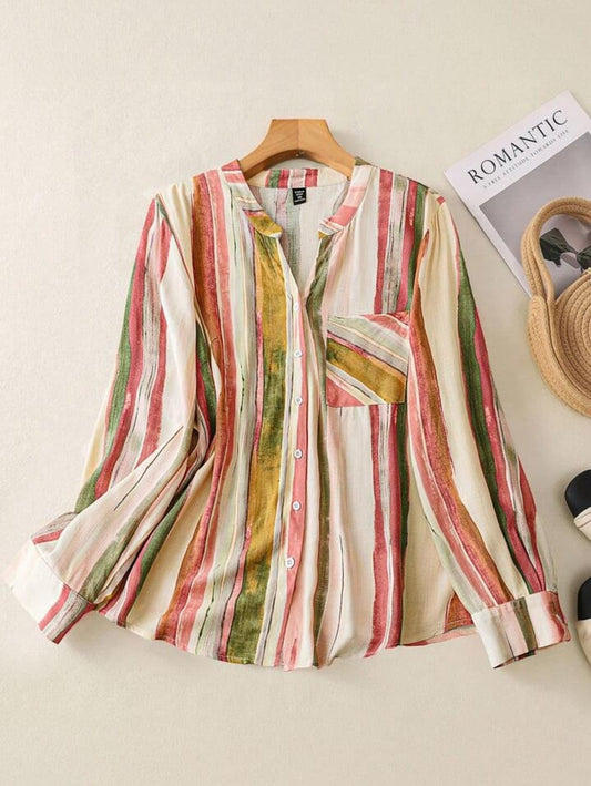Gufrina Women's Cotton Lilen Striped Printed Shirt, Collar Neck, Full Sleeves Shirt top, Casual Wear