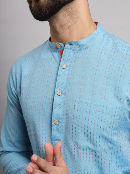 CHIKAN Men's Cotton Regular Striped Knee Lenght Kurta