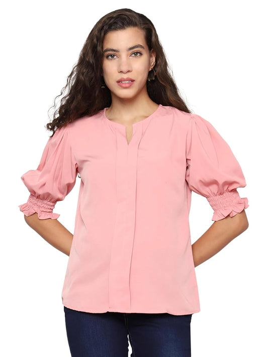 AntiQa Solid Puff Sleeve Top for Women Stylish Western - Casual V-Neck Ruffle Sleeve Blouse Wear as Latest Formal Office Tunics Western Tops for Summer, Short Plain Shirt for Womens